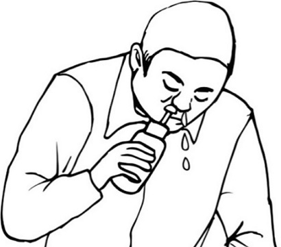 Cartoon illustration of saline nasal irrigation